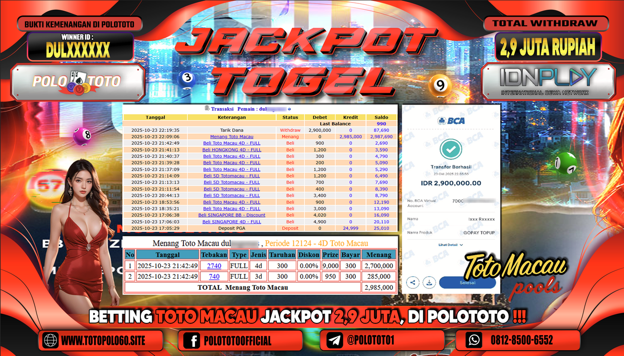 POLOTOTO JACKPOT TOGEL MENANG TOTO MACAU Rp.2.900.000,- LUNAS