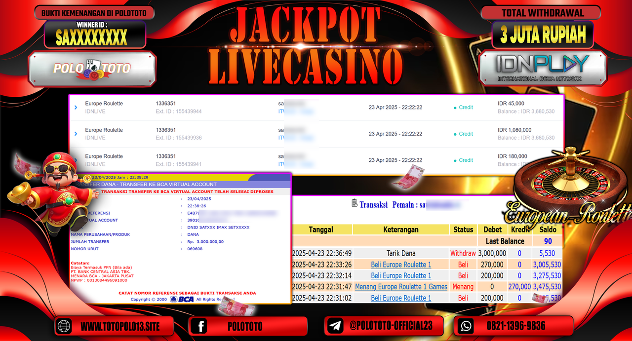 POLOTOTO JACKPOT LIVE CASINO EUROPE ROULETTE Rp.3.000.000,-