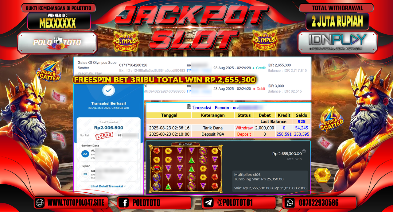 POLOTOTO JACKPOT SLOT GATES OF OLYMPUS SUPER SCATTER Rp.2.000.000,-