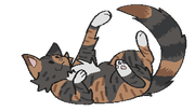 a drawing of Dryn, a red-black tortieshell tabby, pawing at the air on their back with a sleepy smile on his face. (cat ID 340746)