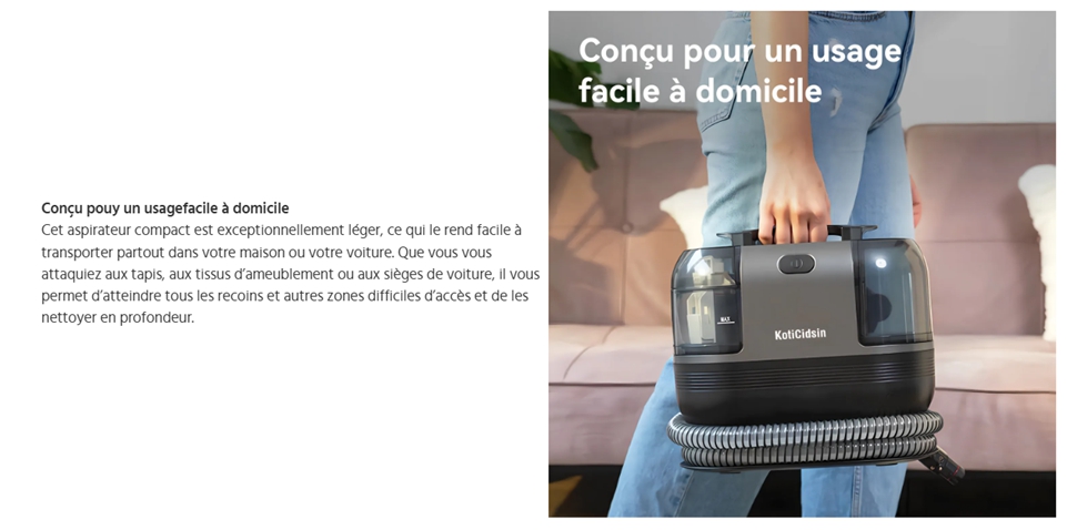 Nettoyeur Vapeur Shampouineuse 500W - Pour Canapés, Tapis, Sièges Auto - Double Réservoir 750ml/1250ml - Compact Et Puissant - 8