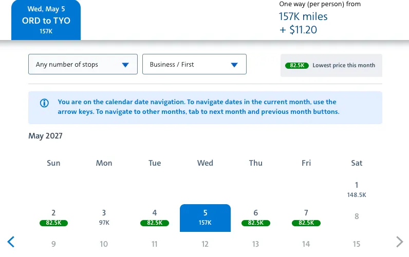 ORD to HND award search showing 82.5K business class