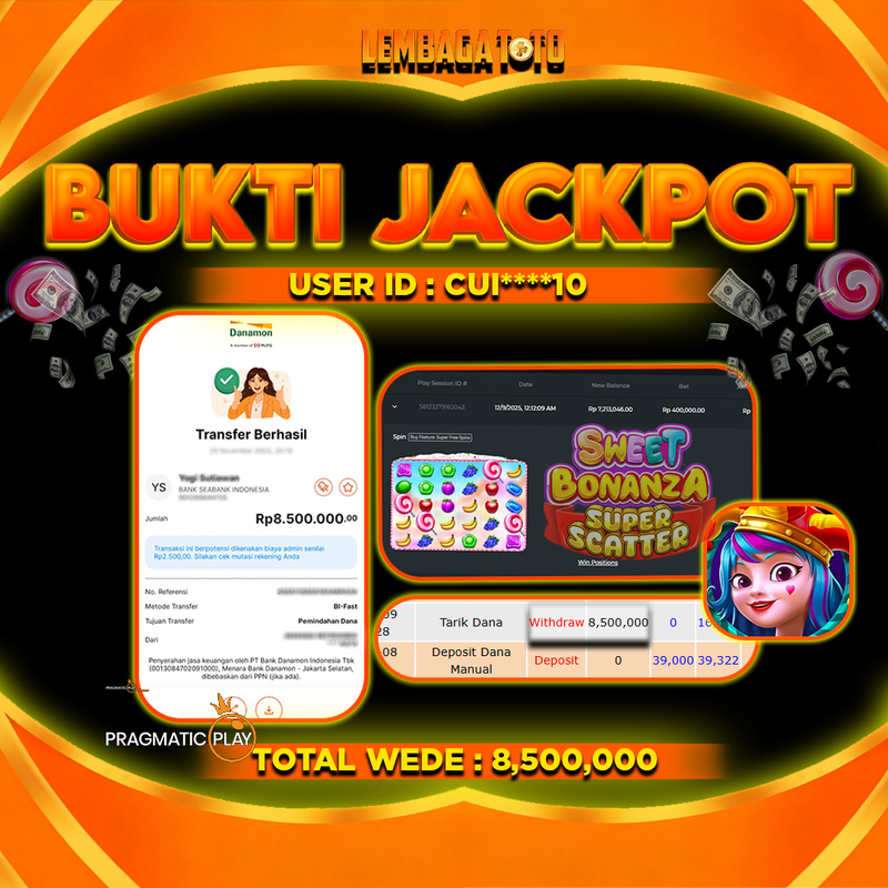 BUKTI JACKPOT 09 DECEMBER LEMBAGATOTO SWEET BONANZA SUPER SCATTER Rp8,500,000,- LUNAS