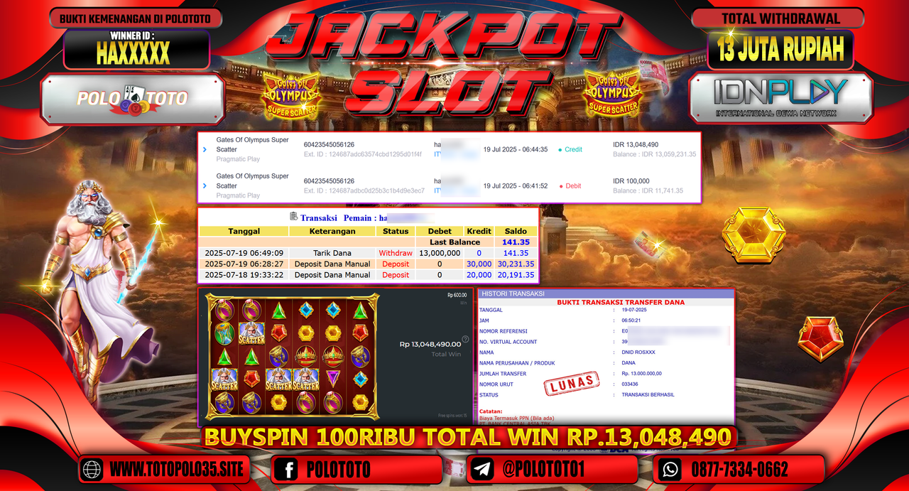 POLOTOTO JACKPOT SLOT GATES OF OLYMPUS SUPER SCATTER Rp.13.000.000,- LUNAS