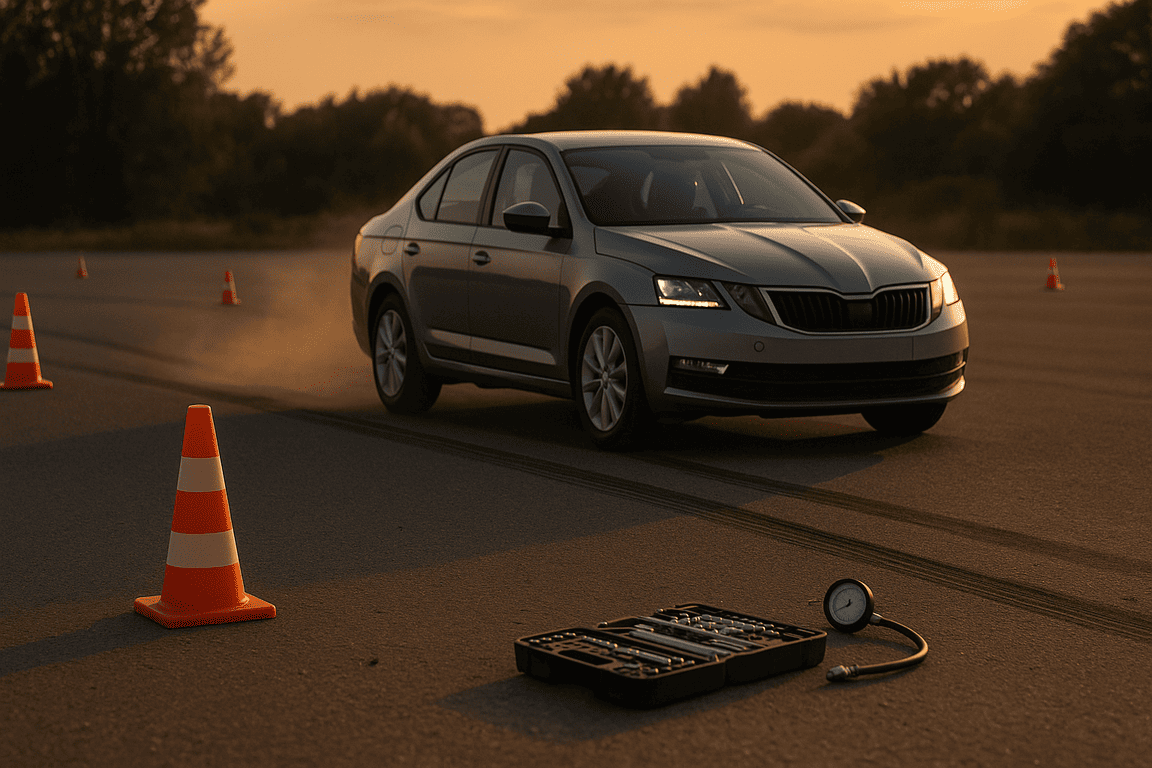 Автомобиль разгоняется и тормозит на пустой испытательной площадке