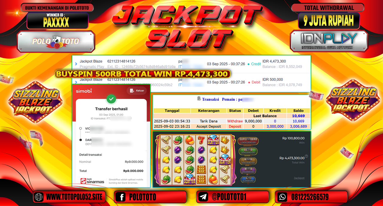 POLOTOTO JACKPOT SLOT JACKPOT BLAZE Rp.9.000.000,-