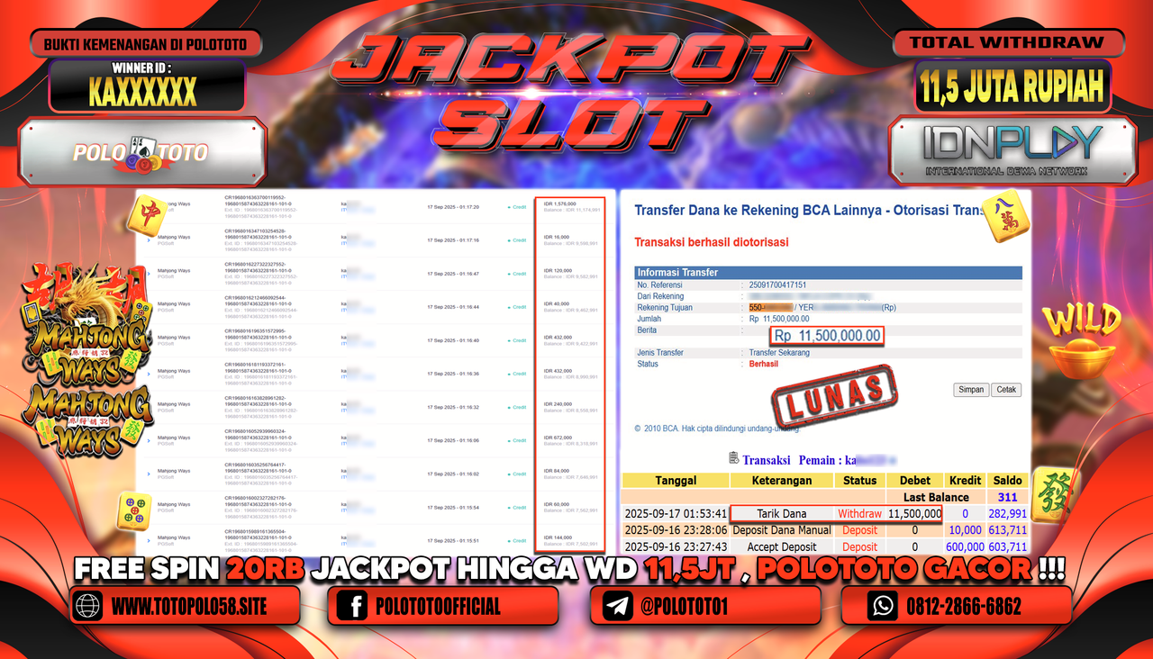POLOTOTO JACKPOT SLOT MAHJONG WAYS Rp.11.500.000,-