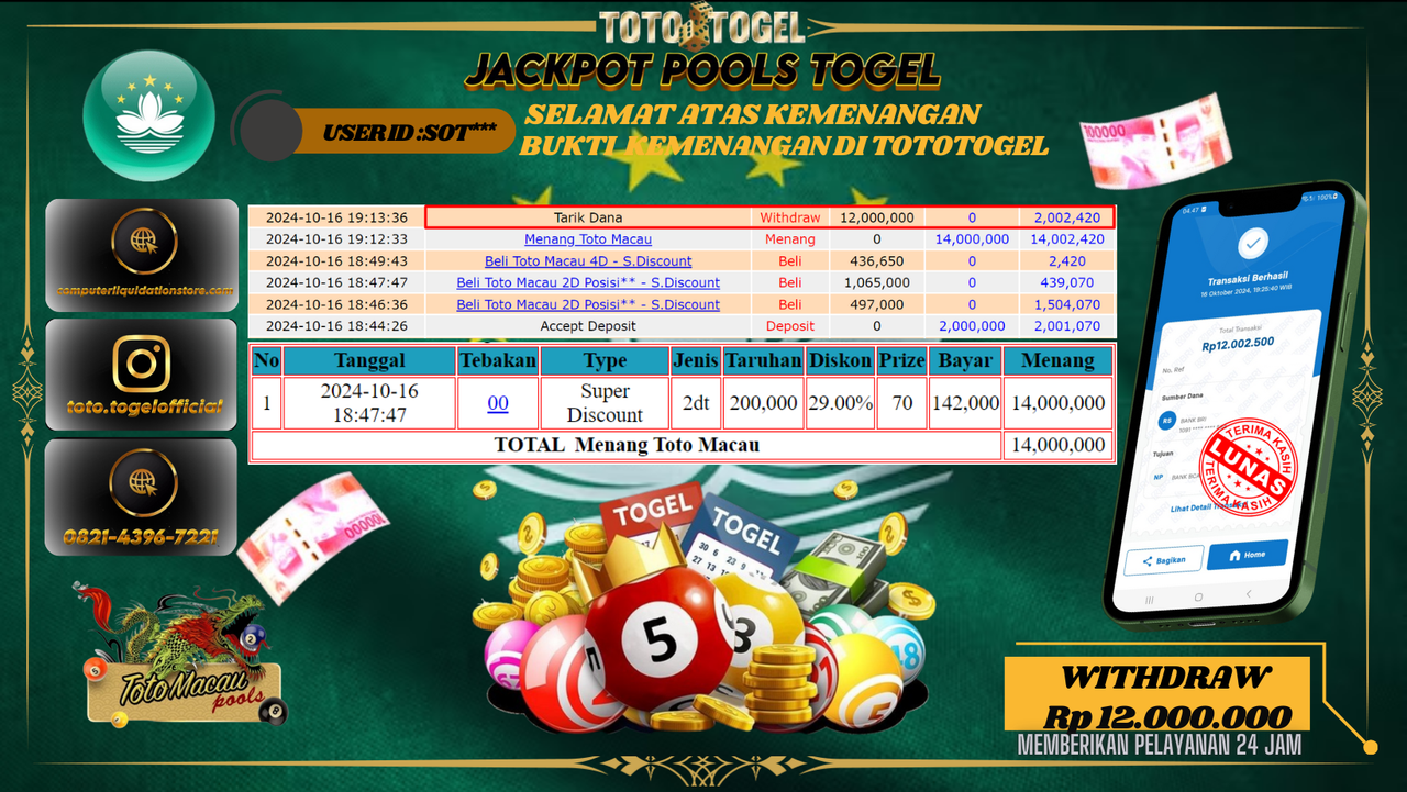 Bukti Kemenangan Permainan Pools Togel Toto Macau ID : SOT*** Terbayar Lunas!!