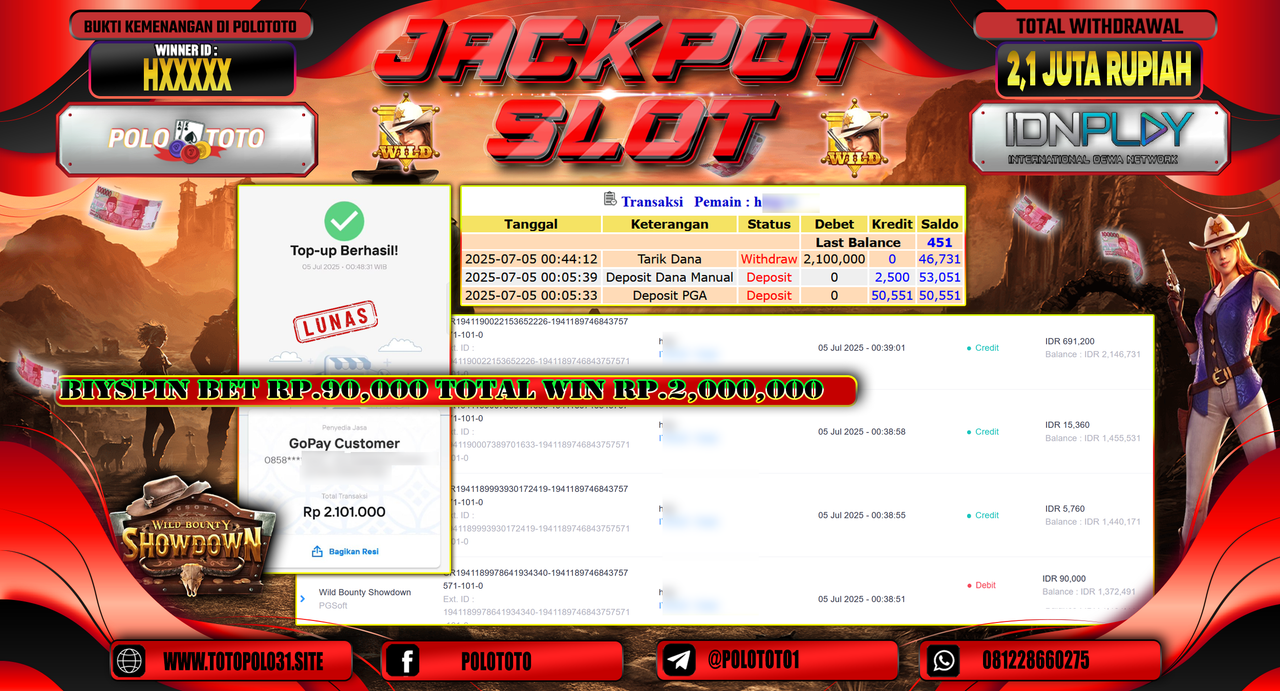 POLOTOTO JACKPOT SLOT WILD BOUNTY SHOWDOWN Rp.2.100.000,-