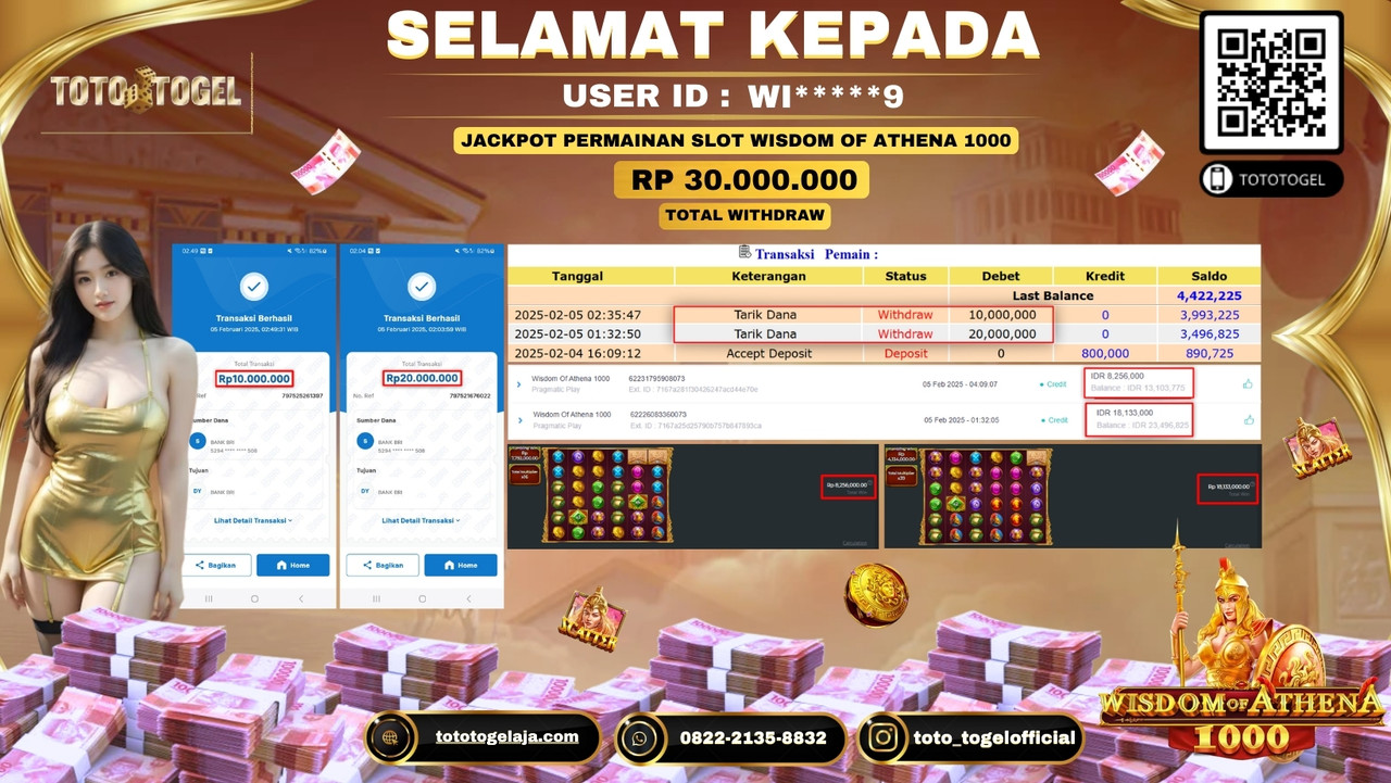 Bukti Pembayaran Jackpot  Permainan Slot Wisdom Of Athena 1000  ID:WI*****9  LUNAS