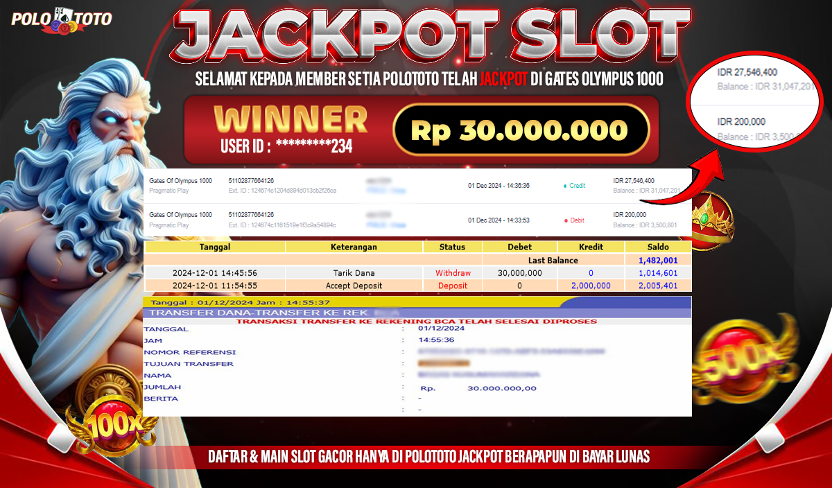 POLOTOTO JACKPOT SLOT GATES OF OLYMPUS 1000 Rp.30,000.000,-