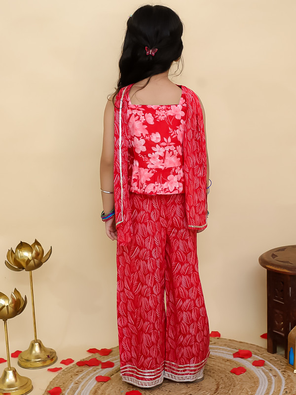 Kids Girls Party Wear Dress Floral Printed Girls Co-Ords Top Bottom Dupatta Set - Picture 15 of 18