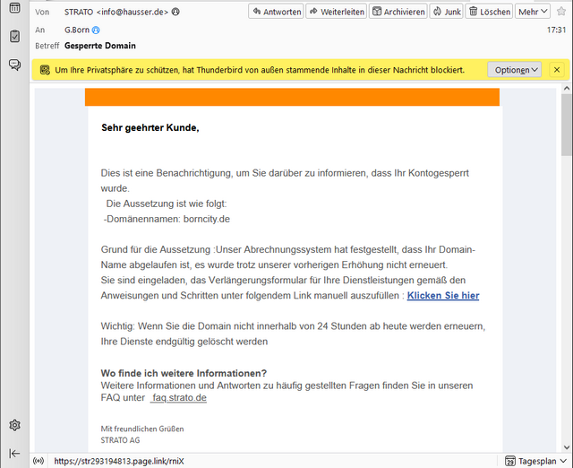 Strato Phishing Mail