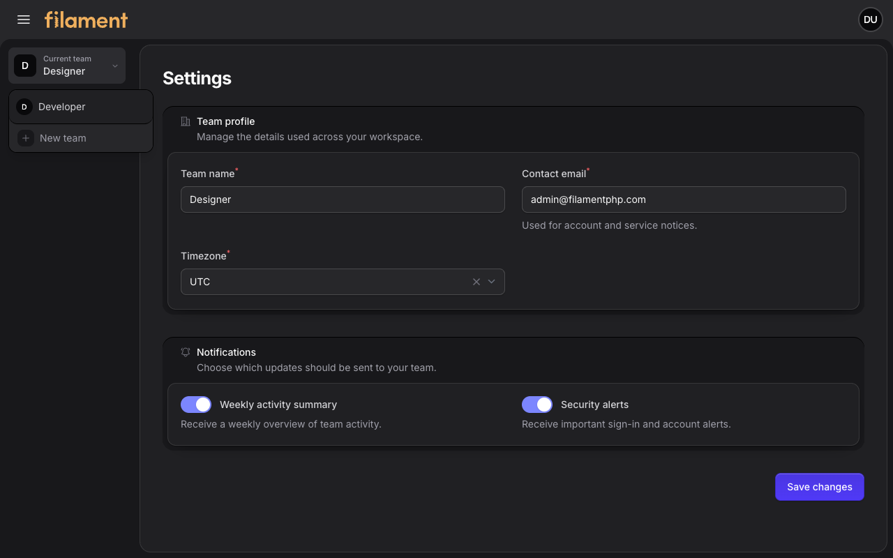 Stature Theme Tenant Settings with sidebar navigation in dark mode