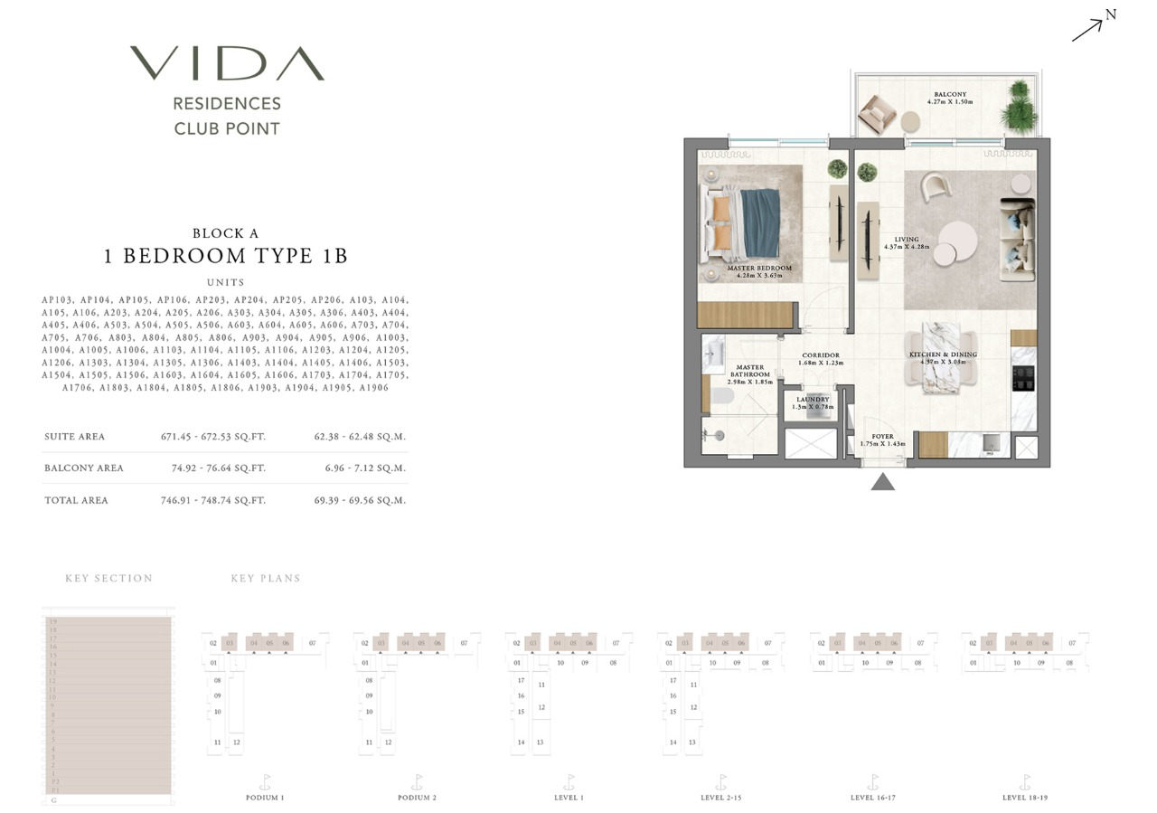 Keyplan style floor layout for a 1-BR unit at Vida Residences Club Point - Building A highlighting the apartment position within the tower — part of a Dubai Hills Distress Deal opportunity