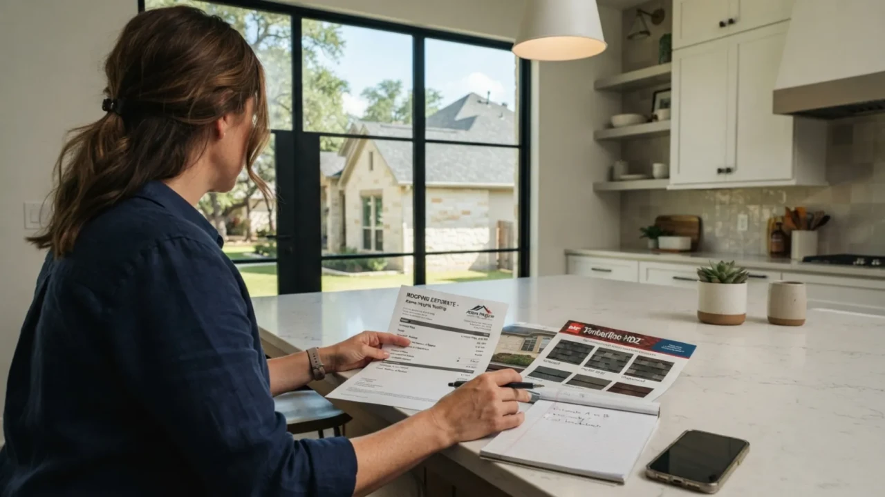 Homeowner reviewing roofing budget and material options San Antonio