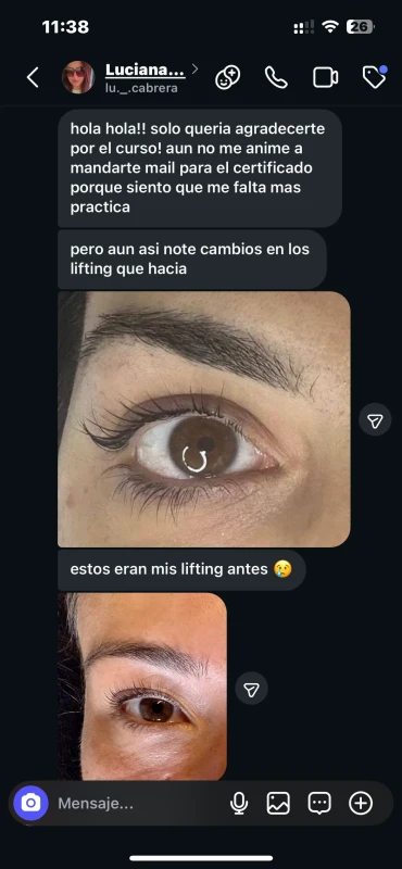 Mensaje de una alumna mostrando su mejora en los liftings