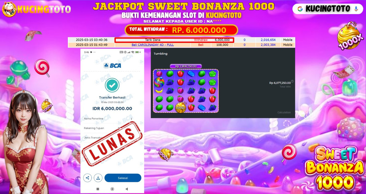 KUCINGTOTO JACKPOT SLOT SWEET BONANZA 1000 RP.6.000.000.,- LUNAS