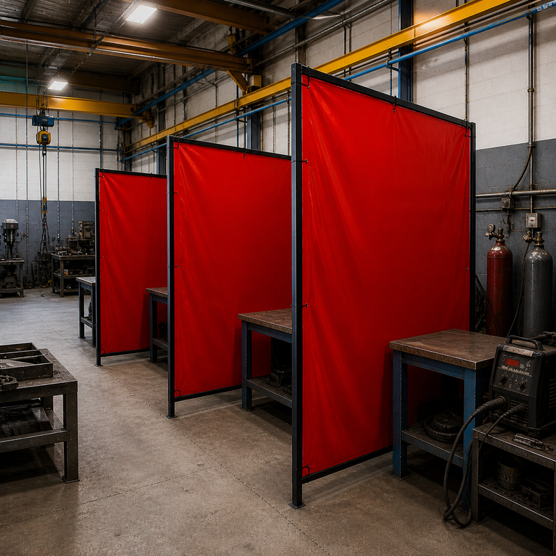 Cortina industrial roja para protección térmica en celda de soldadura