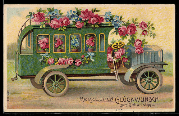 AK Auto voll Blumen Herzlichen Glueckwunsch zum Geburtstage