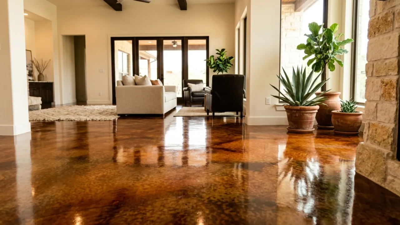Restored and freshly sealed stained concrete floor in San Antonio home showing vibrant color