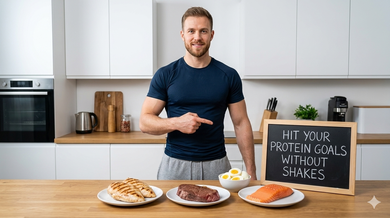 Assortment of animal protein sources including chicken, beef, eggs, and fish for how to hit your protein goals without protein shakes