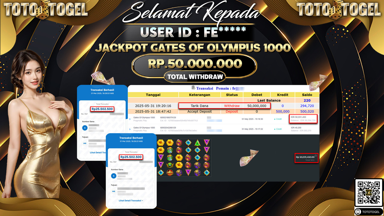 Bukti Pembayaran Jackpot Permainan Slot Gates Of Olympus 1000 ID:FE***** LUNAS