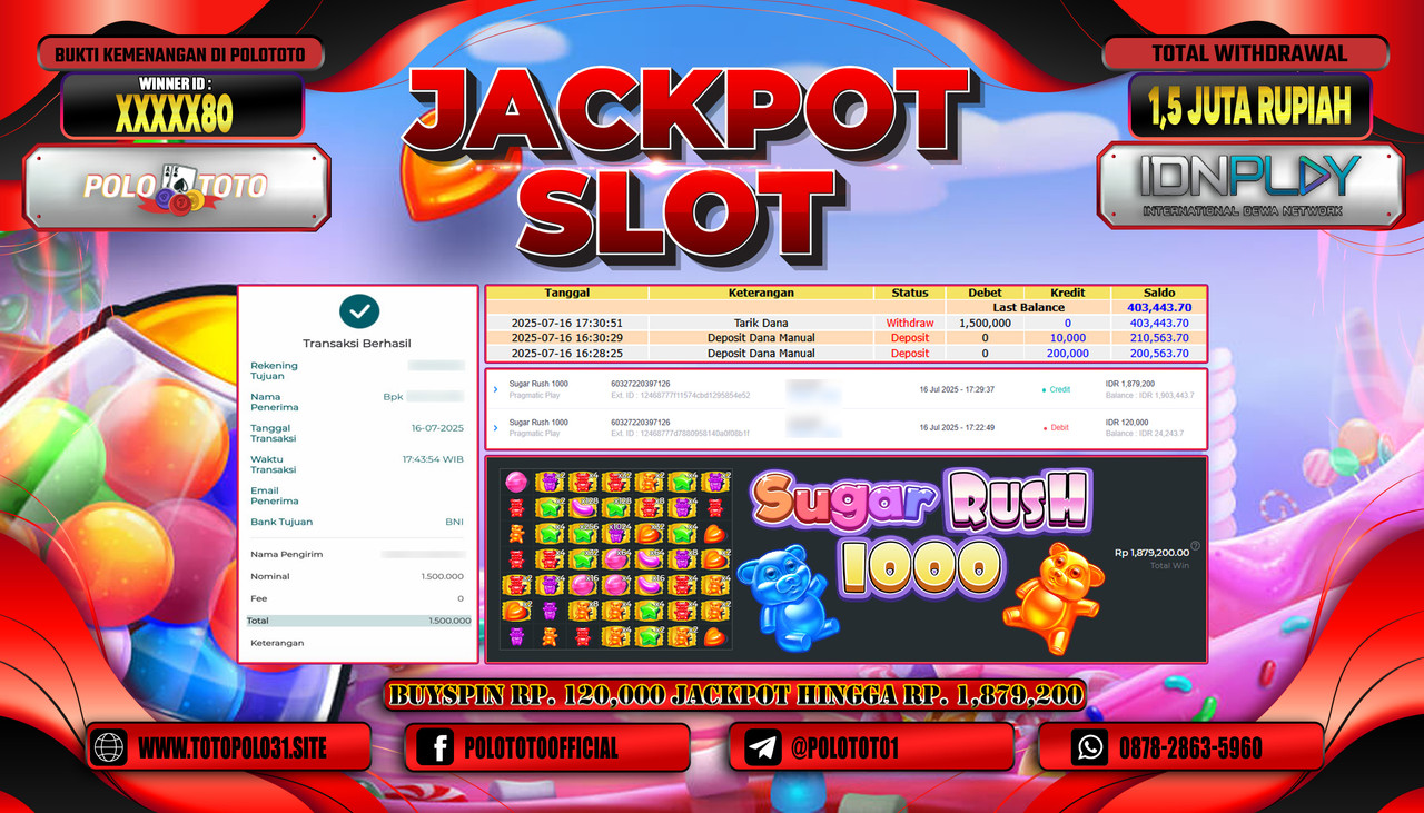 POLOTOTO JACKPOT SLOT SUGAR RUSH 1000 Rp.1.500.000,- LUNAS