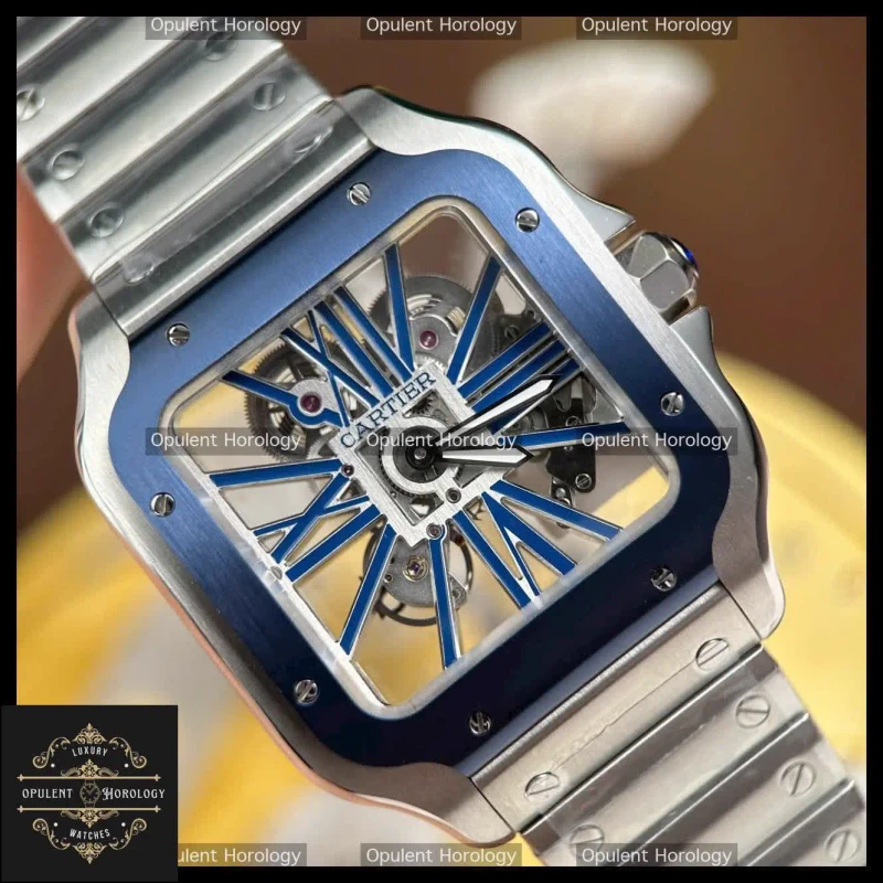 Cartier Santos Skeleton Replica 39.8mm Blue Bezel Steel Bracelet Manual Wind Super Clone