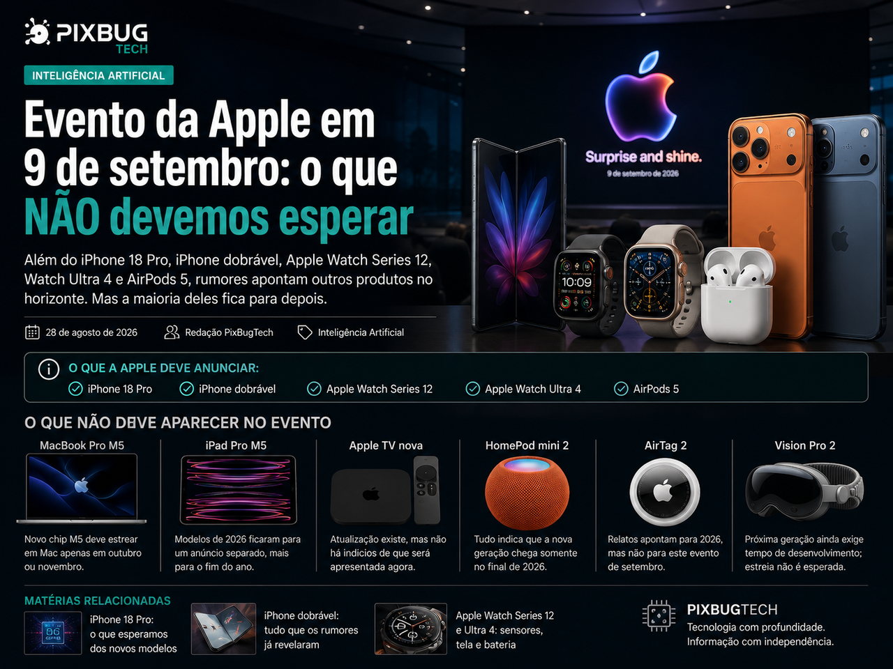Apple prepara evento de setembro, mas iPhone 18 comum e novos Macs devem ficar de fora