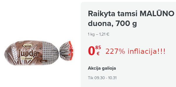 227 procentų metinė duonos infliacija Lietuvoje