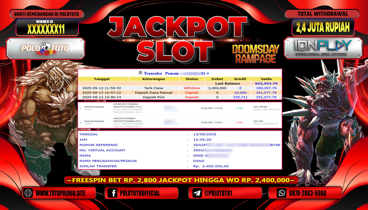POLOTOTO JACKPOT SLOT DOOMSDAY RAMPAGE Rp.2.400.000,-LUNAS