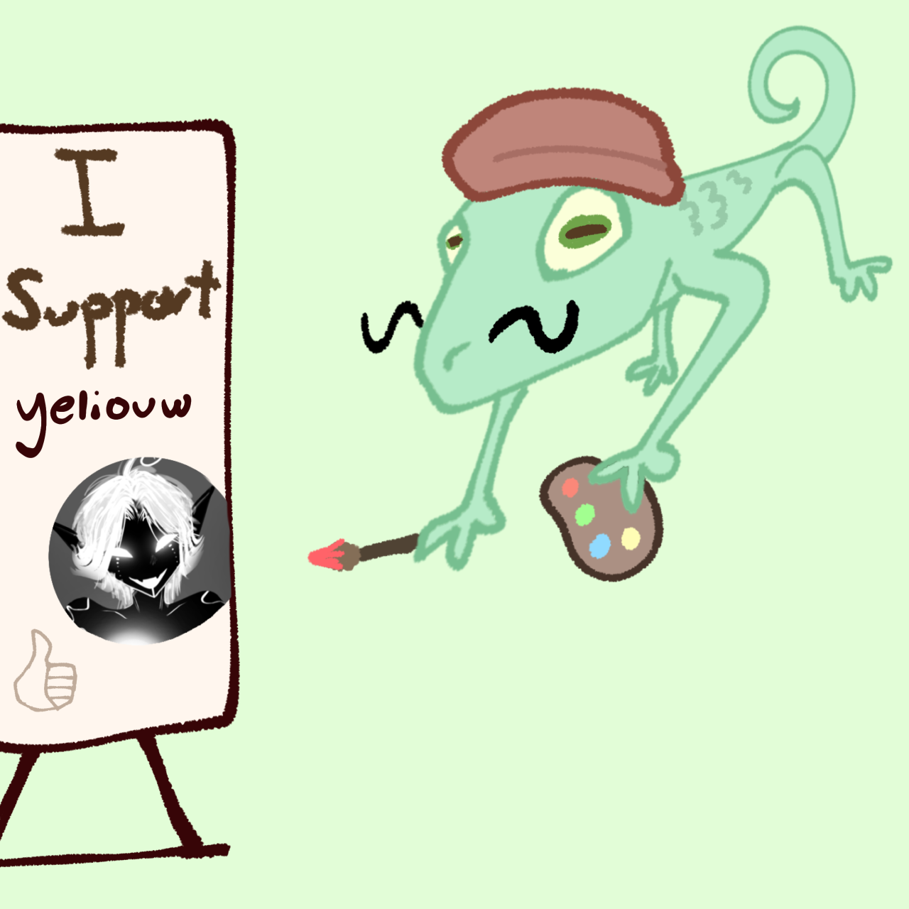 a lizard artist drawing on a canvas the text 'I Support Yeliouw'