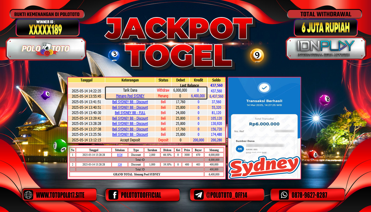 POLOTOTO JACKPOT TOGEL SYDNEY LOTTO Rp.6.000.000,-