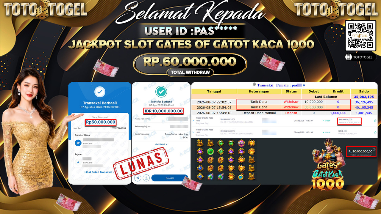 Bukti Pembayaran Jackpot SLOT GATES OF GATOT KACA 1000 ID:DID**** LUNAS