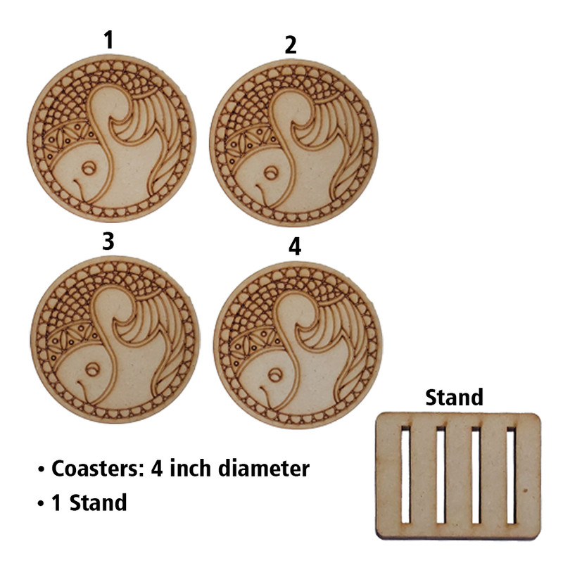 Madhubani painting on Engraved Round MDF Tea Coasters Hobbyist level DIY Kit 