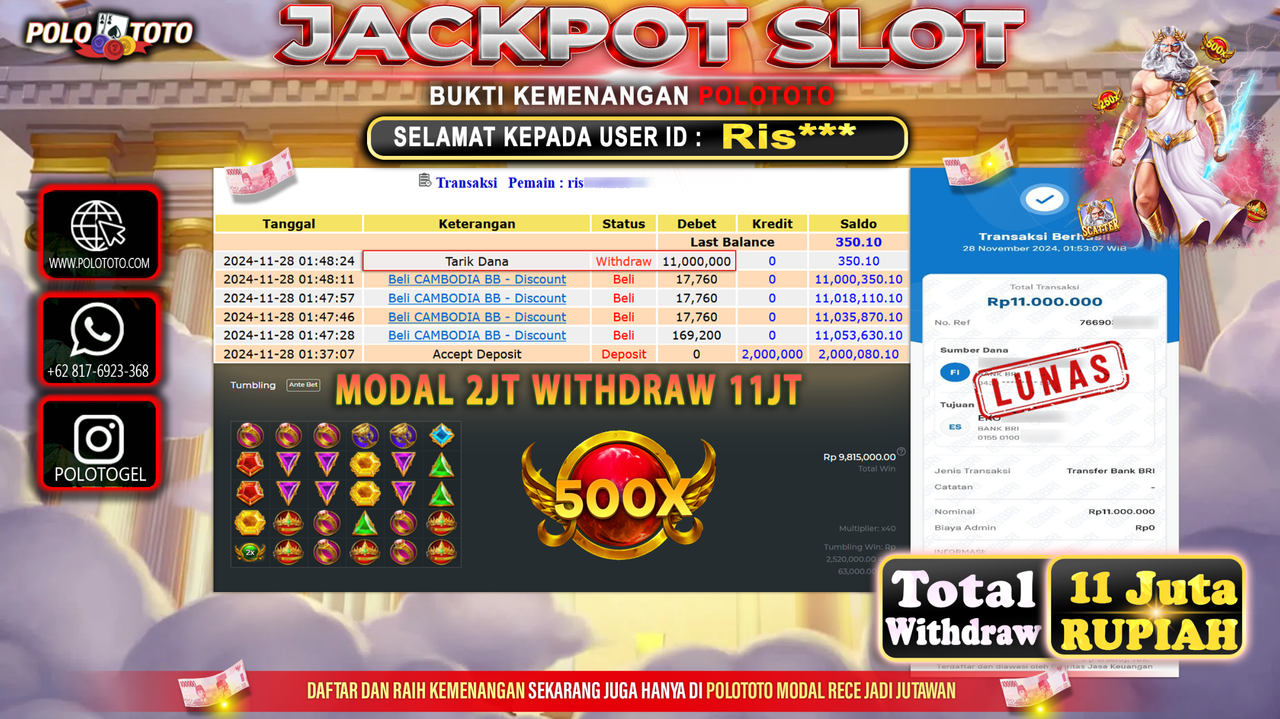 POLOTOTO JACKPOT SLOT GATES OF OLYMPUS Rp.11,000.000,-