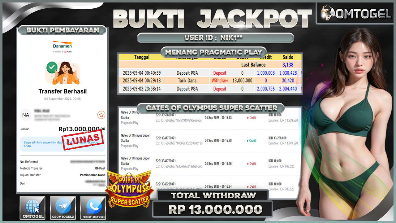 OMTOGEL JACKPOT PRAGMATIC PLAY GATES OF OLYMPUS SUPER SCATTER 13 JUTA DI BAYAR LUNAS ,-