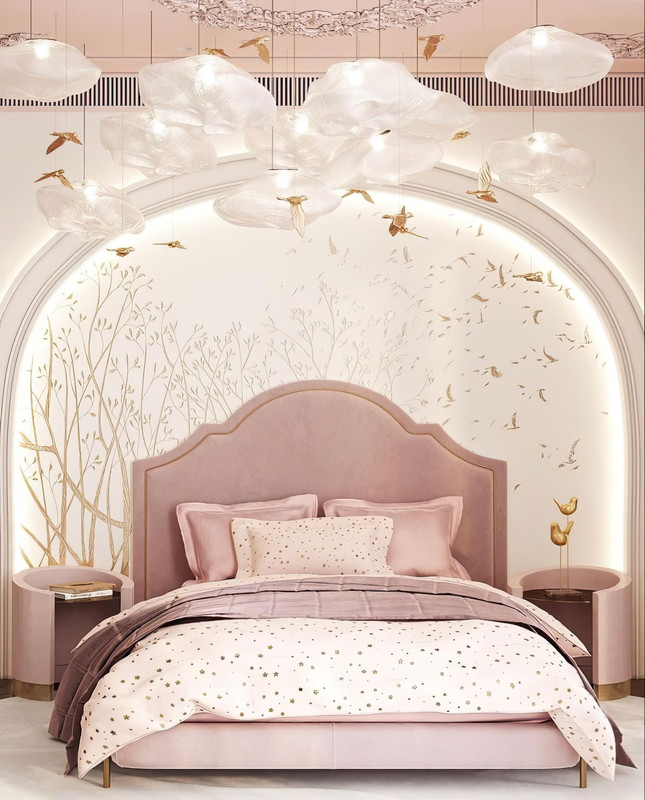 Art Deco Kids Bedroom Design With Arc Pink Panels And White Frame
