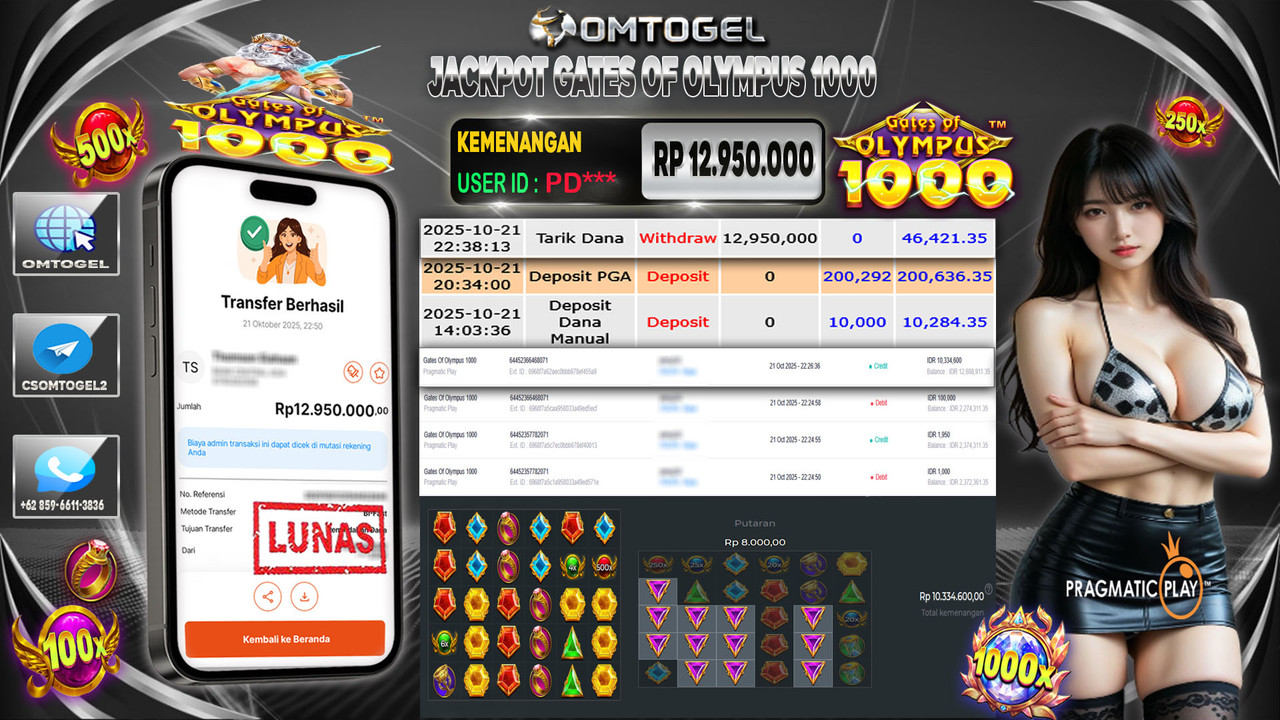 OMTOGEL JACKPOT PRAGMATIC PLAY GATES OF OLYMPUS 1000 12 JUTA DI BAYAR LUNAS ,-