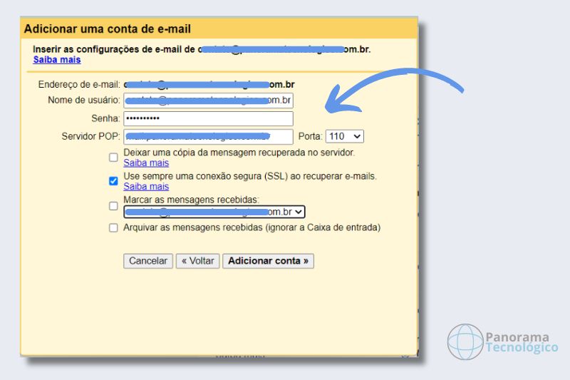 Tela de configuração para adicionar outro endereço de e-mail no Gmail com as configurações de servidor POP