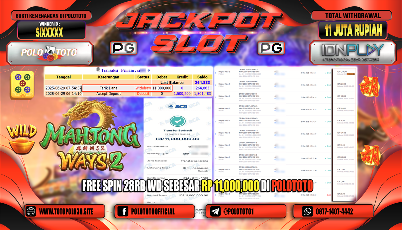 POLOTOTO JACKPOT SLOT MAHJONG WAYS 2 Rp.11.000.000,-