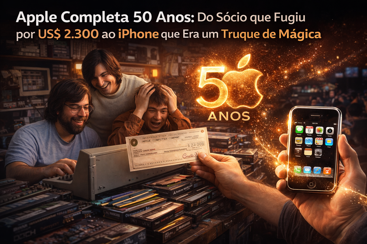 Apple Completa 50 Anos: Do Sócio que Fugiu por US$ 2.300 ao iPhone que Era um Truque de Mágica