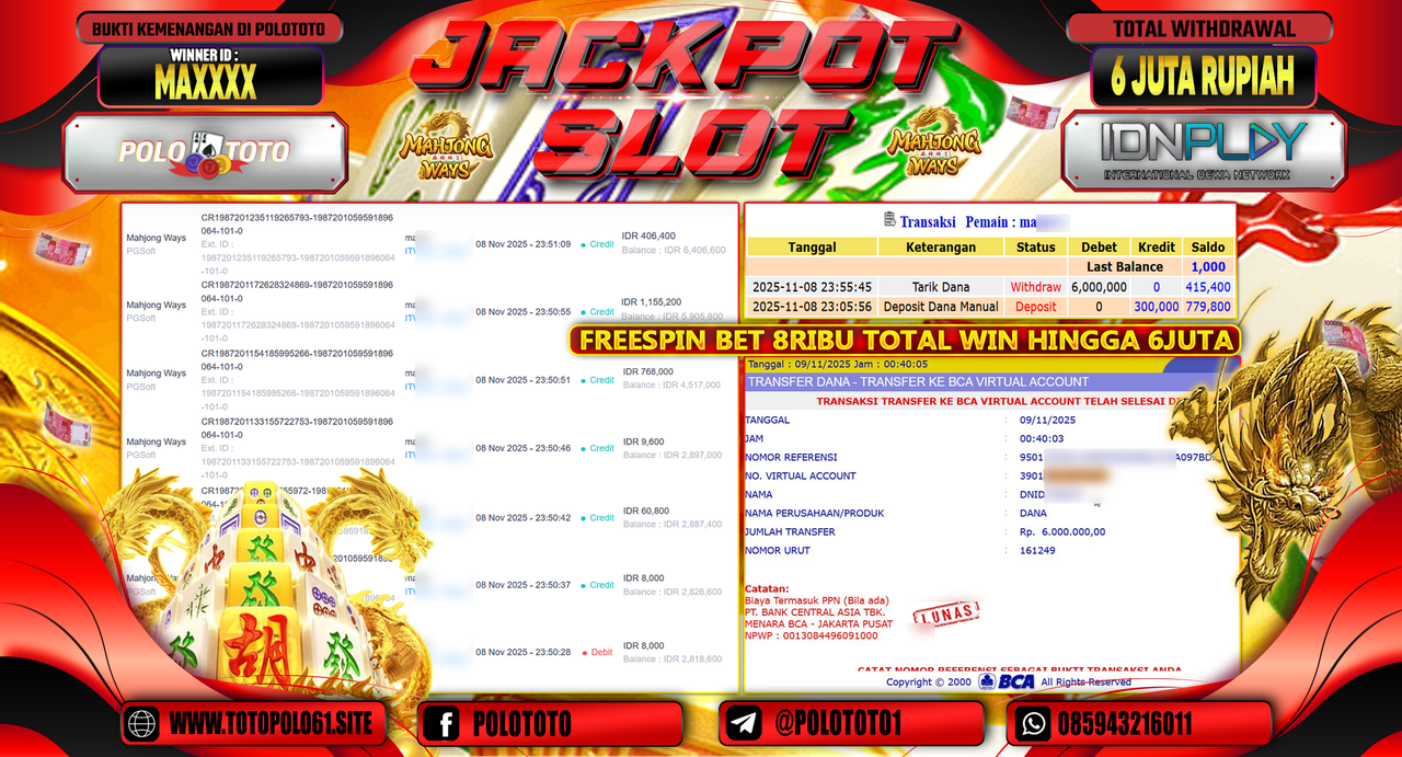POLOTOTO JACKPOT SLOT MAHJONG WAYS Rp.6.000.000,- LUNAS