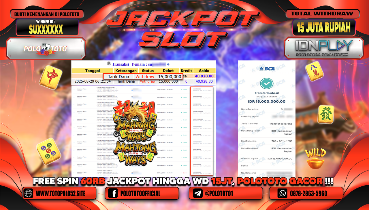 POLOTOTO JACKPOT SLOT MAHJONG WAYS Rp.15.000.000,-