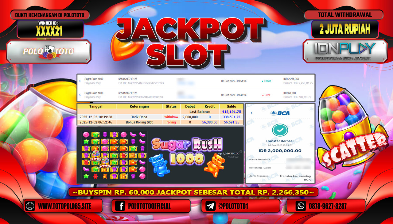POLOTOTO JACKPOT SLOT SUGAR RUSH 1000 Rp.2.000.000,- LUNAS