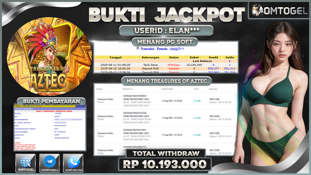 OMTOGEL JACKPOT PGSOFT TREASURES OF AZTEC 10 JUTA DI BAYAR LUNAS ,-