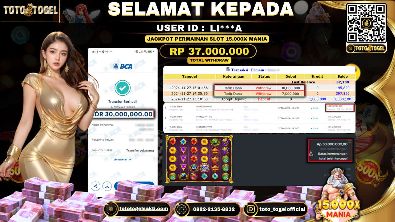 Bukti Pembayaran Jackpot Permainan Slot 15.000X Mania ID: LI***A LUNAS 