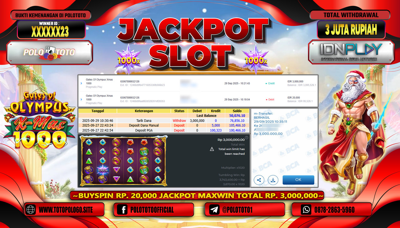POLOTOTO JACKPOT SLOT GATES OF OLYMPUS X MAS 1000 Rp.3.000.000,- LUNAS