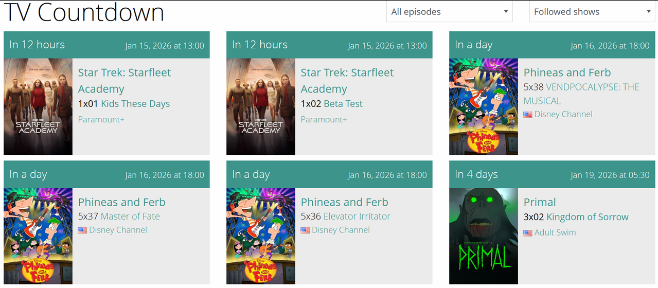 TVmaze countdown mis order right now